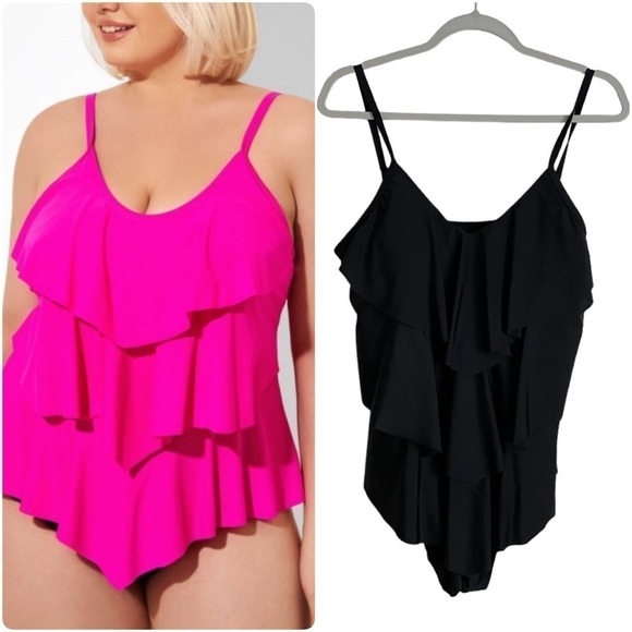 Tropiculture Swimsuits for All Tiered Ruffle One Piece Swimsuit 14 Black - Picture 1 of 9